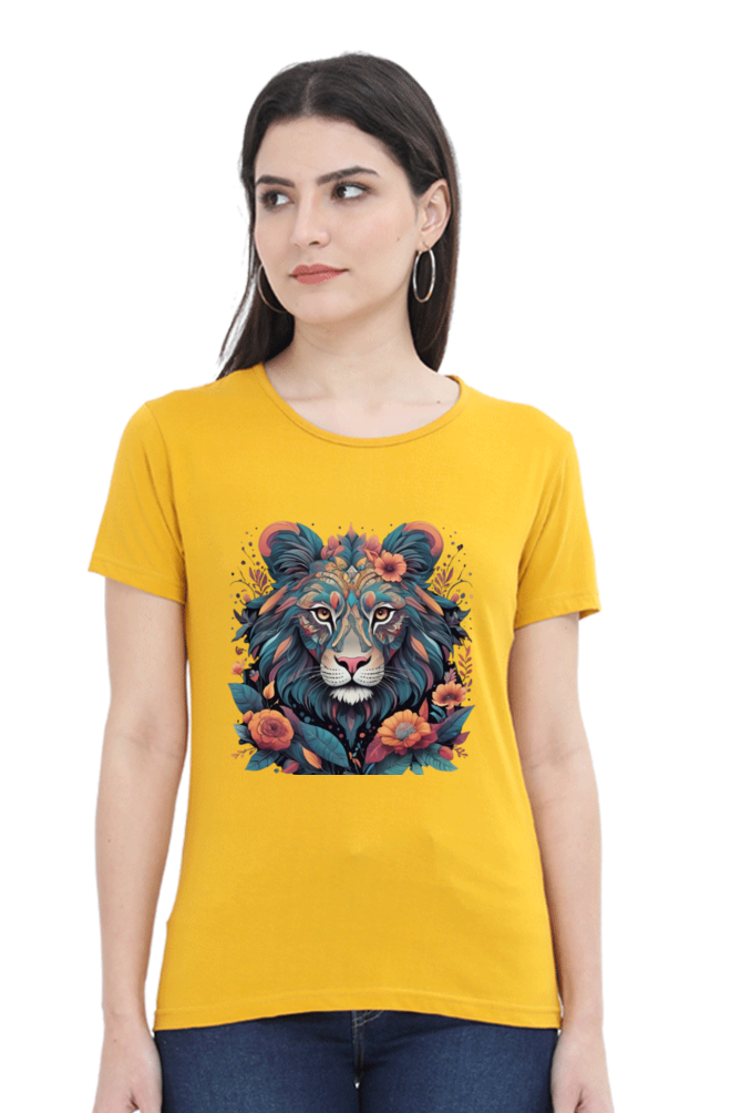 Female Round Neck Half Sleeve Classic T-Shirt with Lioness Tribal Art