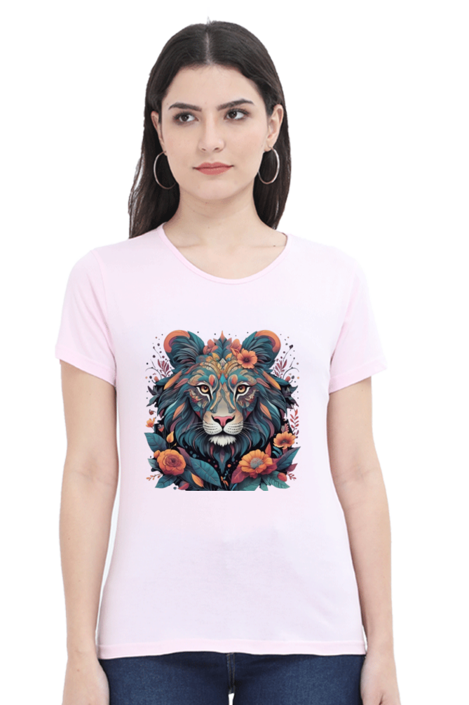 Female Round Neck Half Sleeve Classic T-Shirt with Lioness Tribal Art