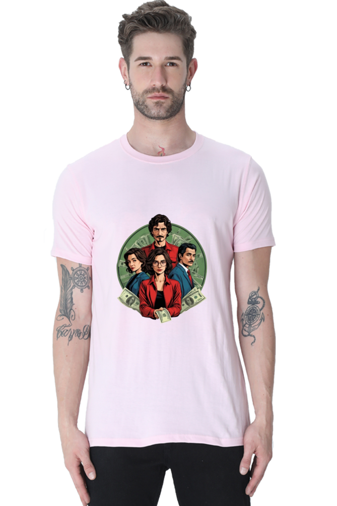 Men's Round Neck Half Sleeve T-Shirt with Money Heist Characters Design