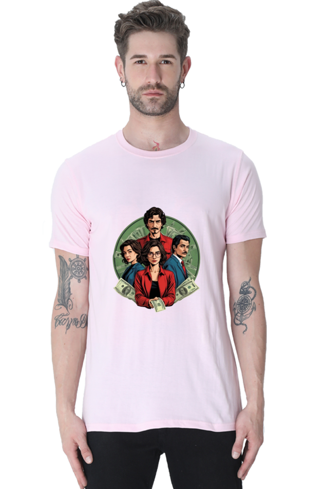 Men's Round Neck Half Sleeve T-Shirt with Money Heist Characters Design