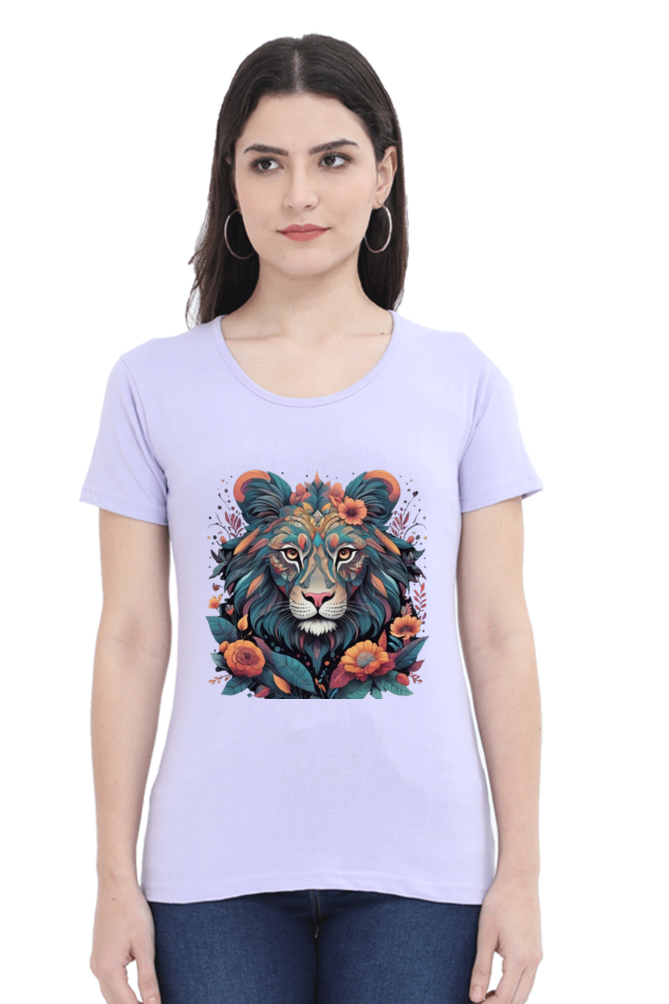 Female Round Neck Half Sleeve Classic T-Shirt with Lioness Tribal Art