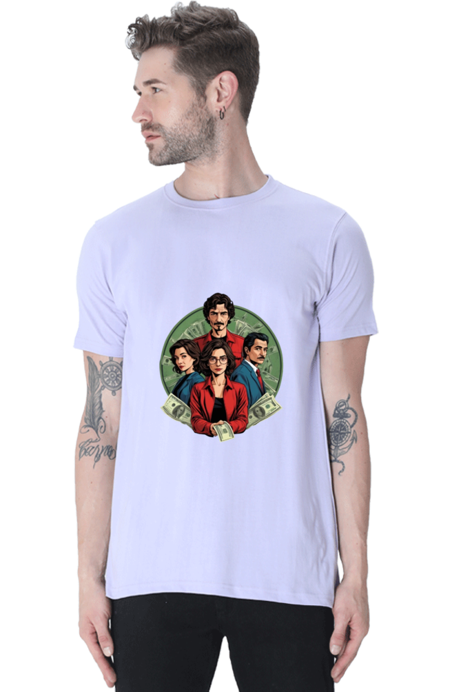 Men's Round Neck Half Sleeve T-Shirt with Money Heist Characters Design