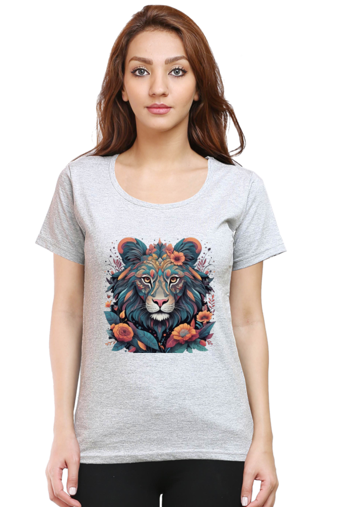 Female Round Neck Half Sleeve Classic T-Shirt with Lioness Tribal Art