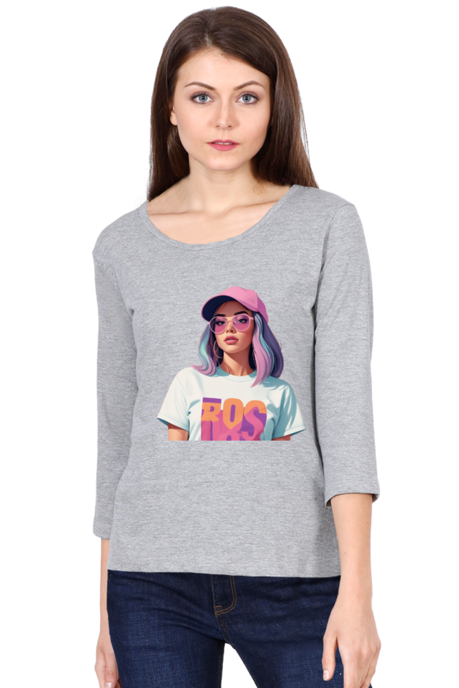 Female Round Neck Full Sleeve T-Shirt with Cool Lady Design