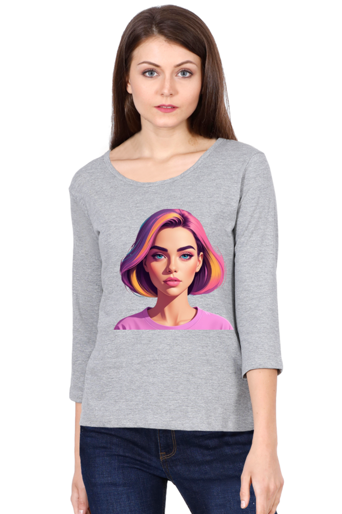 Female Round Neck Full Sleeve T-Shirt with Bold Lady Design