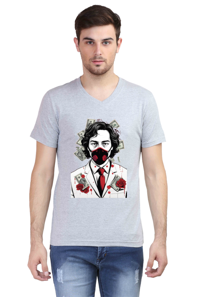 Men's V-Neck Half Sleeve T-Shirt with Money Heist Characters Design