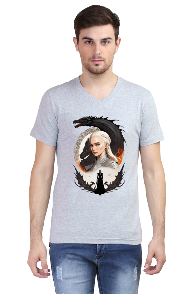 Men's V-Neck Half Sleeve T-Shirt with Game of Thrones Characters Design