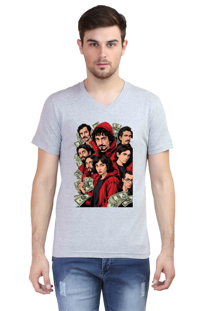 Men's V-Neck Half Sleeve T-Shirt with Money Heist Characters Design