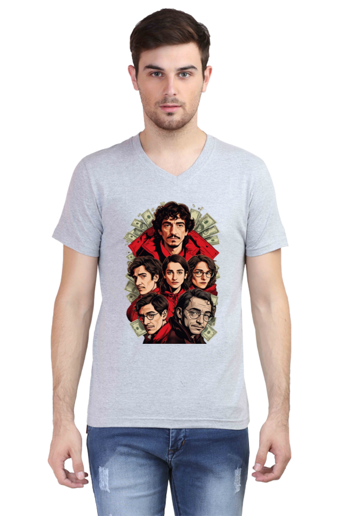 Men's V-Neck Half Sleeve T-Shirt with Money Heist Characters Design