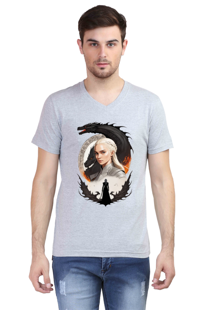 Men's V-Neck Half Sleeve T-Shirt with Game of Thrones Characters Design