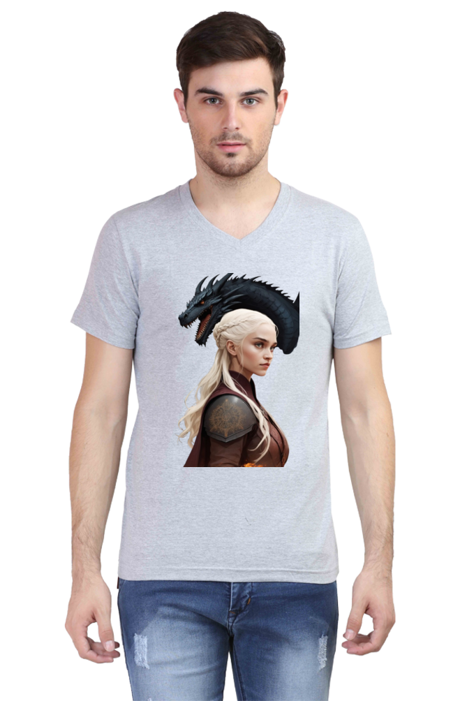 Men's V-Neck Half Sleeve T-Shirt with Game of Thrones Characters Design