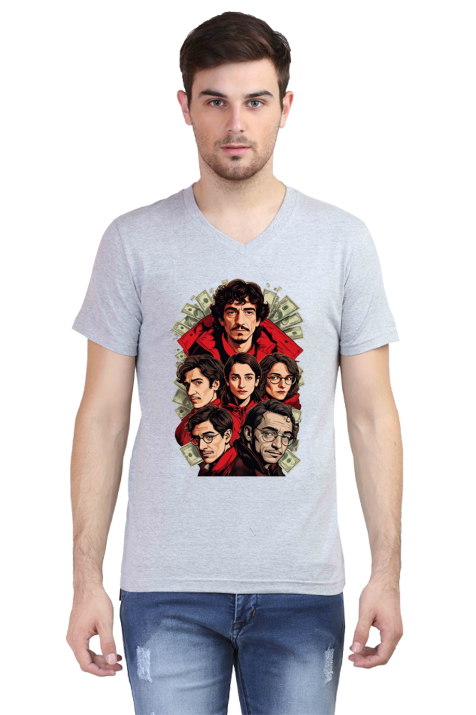 Men's V-Neck Half Sleeve T-Shirt with Money Heist Characters Design