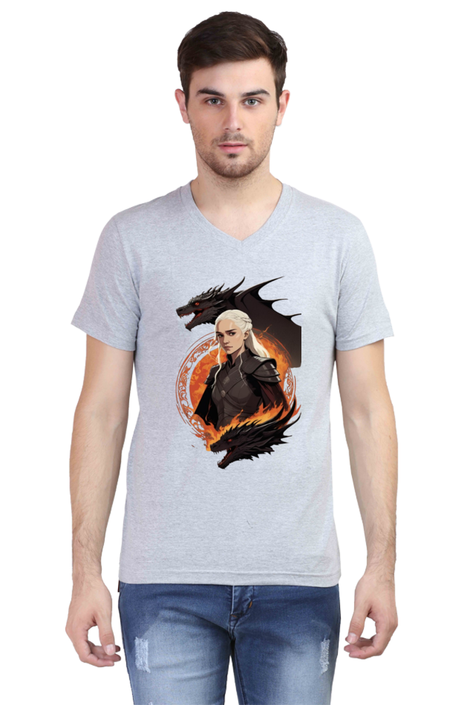 Men's V-Neck Half Sleeve T-Shirt with Game of Thrones Characters Design