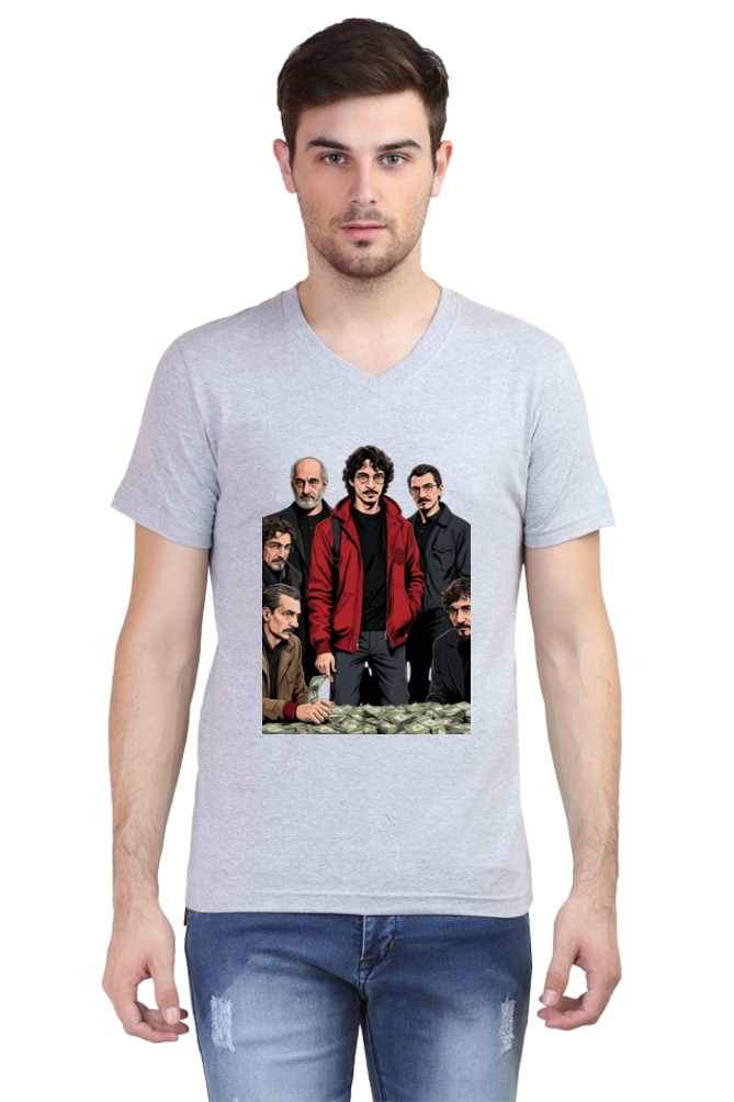 Men's V-Neck Half Sleeve T-Shirt with Money Heist Characters Design