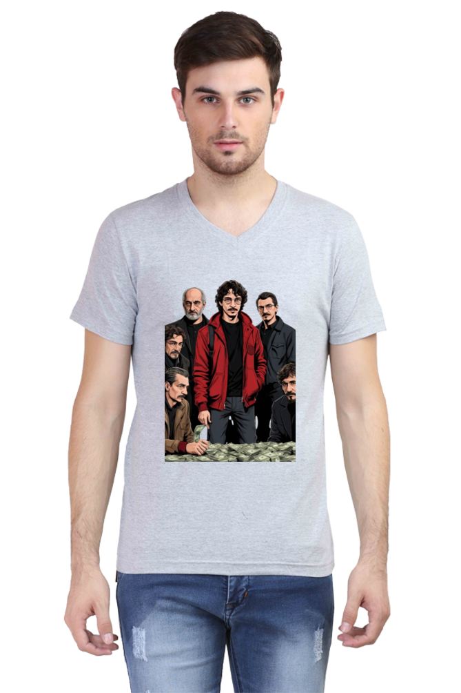 Men's V-Neck Half Sleeve T-Shirt with Money Heist Characters Design