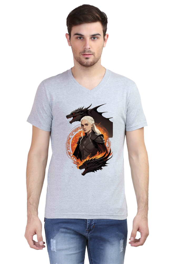 Men's V-Neck Half Sleeve T-Shirt with Game of Thrones Characters Design