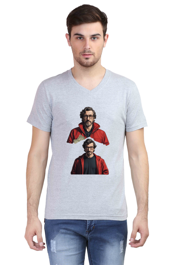 Men's V-Neck Half Sleeve T-Shirt with Money Heist Characters Design