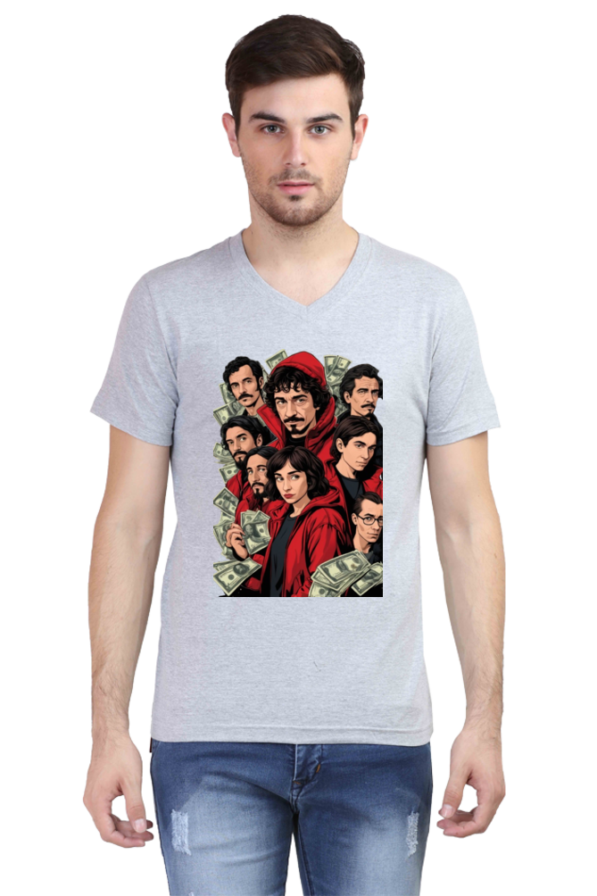 Men's V-Neck Half Sleeve T-Shirt with Money Heist Characters Design