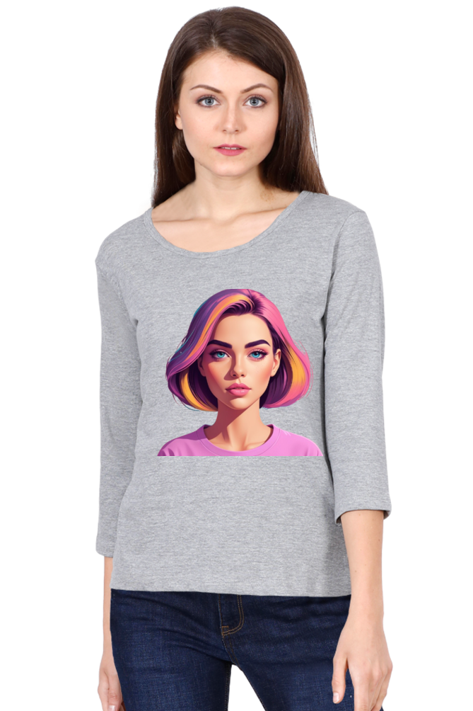 Female Round Neck Full Sleeve T-Shirt with Bold Lady Design