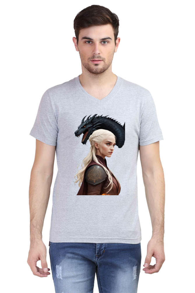 Men's V-Neck Half Sleeve T-Shirt with Game of Thrones Characters Design