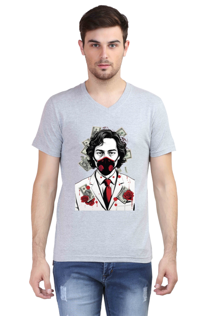 Men's V-Neck Half Sleeve T-Shirt with Money Heist Characters Design