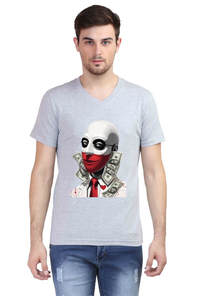 Men's V-Neck Half Sleeve T-Shirt with Money Heist Characters Design