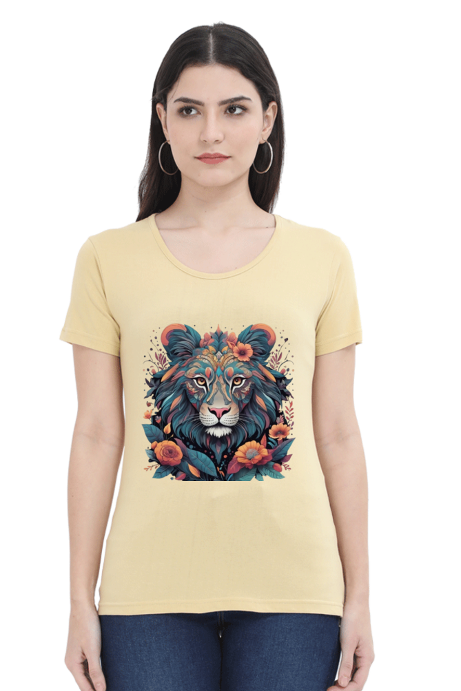 Female Round Neck Half Sleeve Classic T-Shirt with Lioness Tribal Art