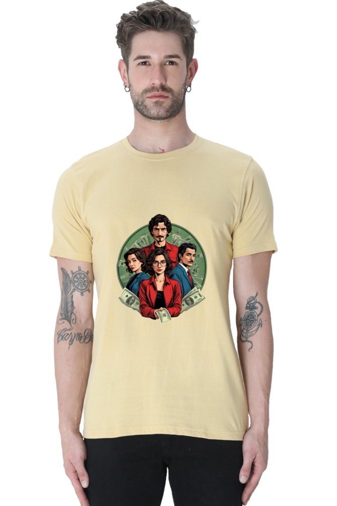 Men's Round Neck Half Sleeve T-Shirt with Money Heist Characters Design