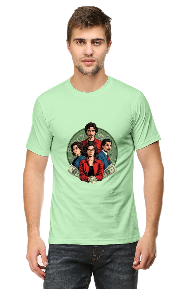 Men's Round Neck Half Sleeve T-Shirt with Money Heist Characters Design