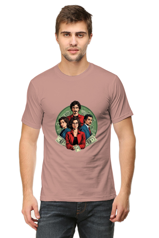 Men's Round Neck Half Sleeve T-Shirt with Money Heist Characters Design