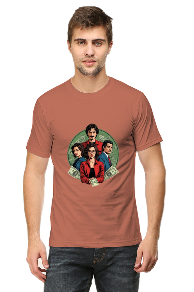 Men's Round Neck Half Sleeve T-Shirt with Money Heist Characters Design