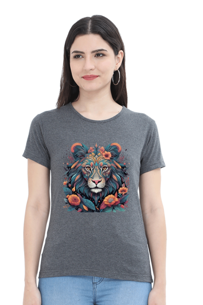 Female Round Neck Half Sleeve Classic T-Shirt with Lioness Tribal Art