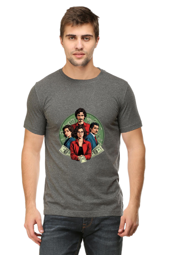 Men's Round Neck Half Sleeve T-Shirt with Money Heist Characters Design