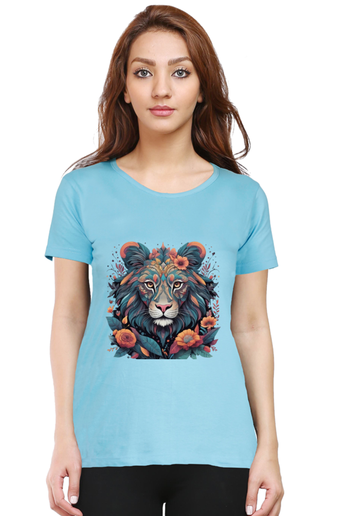 Female Round Neck Half Sleeve Classic T-Shirt with Lioness Tribal Art