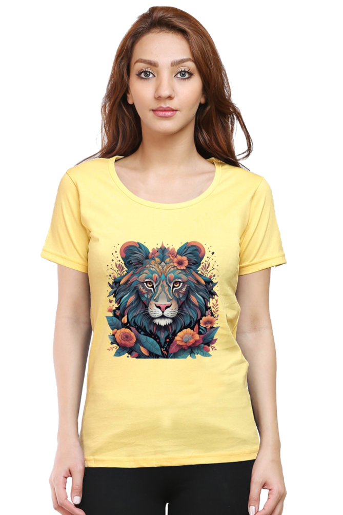 Female Round Neck Half Sleeve Classic T-Shirt with Lioness Tribal Art