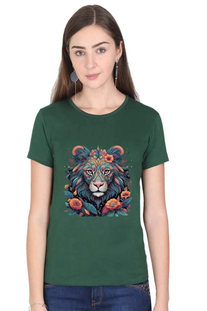 Female Round Neck Half Sleeve Classic T-Shirt with Lioness Tribal Art