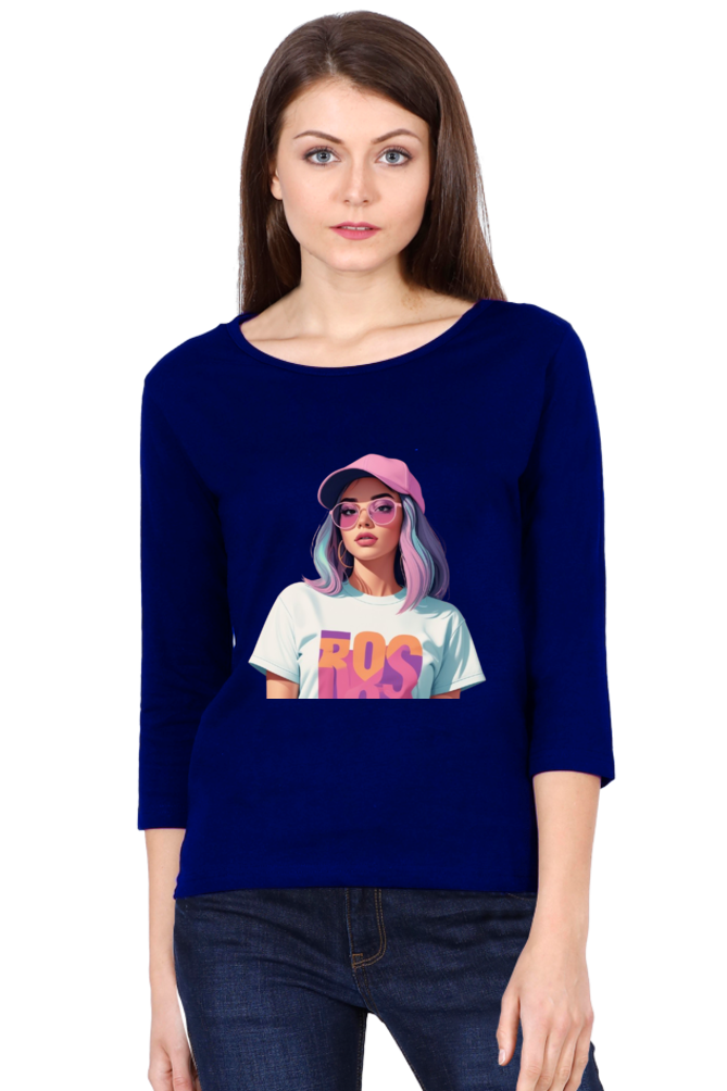 Female Round Neck Full Sleeve T-Shirt with Cool Lady Design