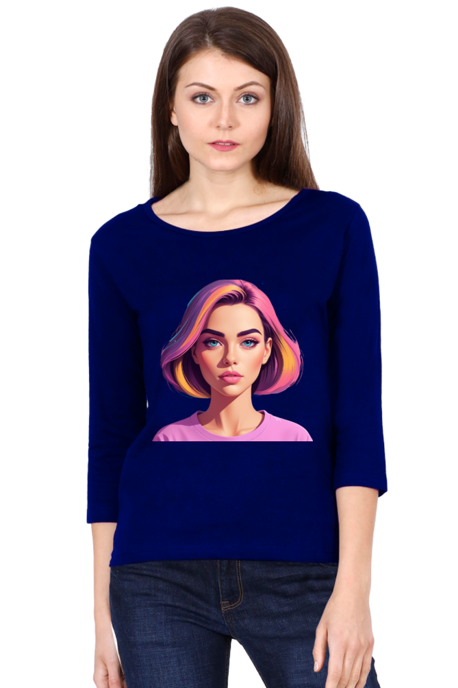 Female Round Neck Full Sleeve T-Shirt with Bold Lady Design