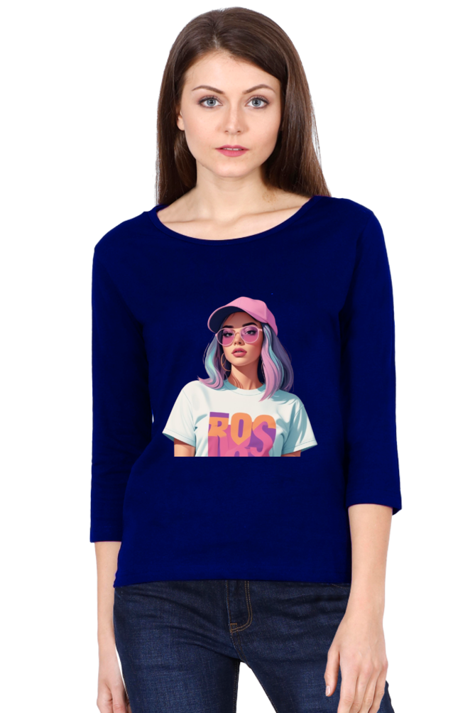 Female Round Neck Full Sleeve T-Shirt with Cool Lady Design