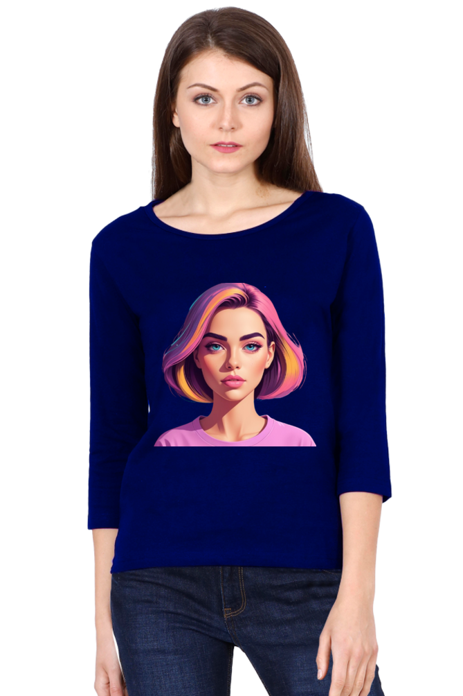 Female Round Neck Full Sleeve T-Shirt with Bold Lady Design